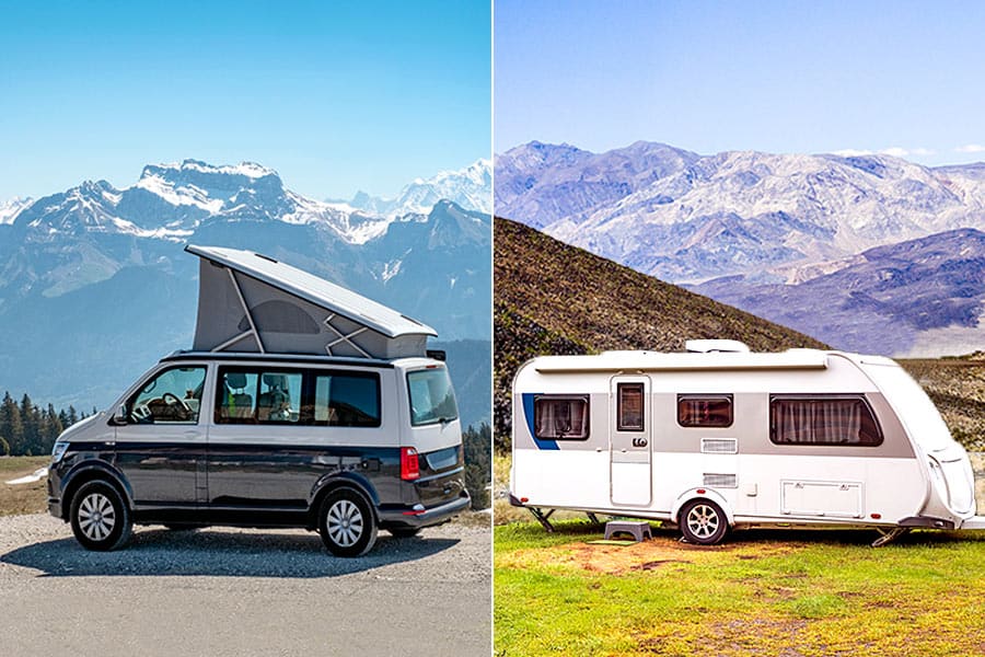 A gray and black camper van and a white camping trailer