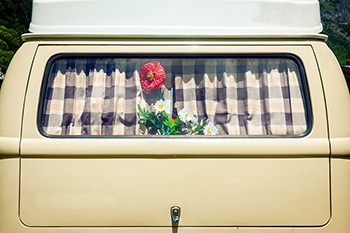 Rear window of a van with curtains