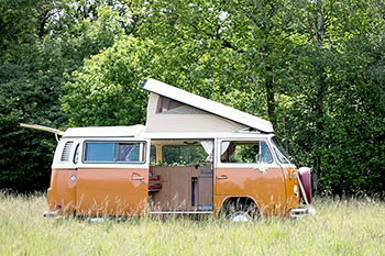 VW camper parked in high grass
