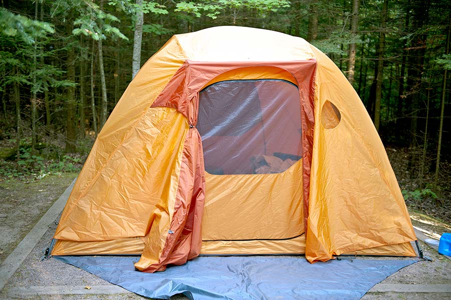 Orange tent at the edge of the woods