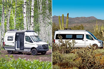 Two light colored camper vans parked